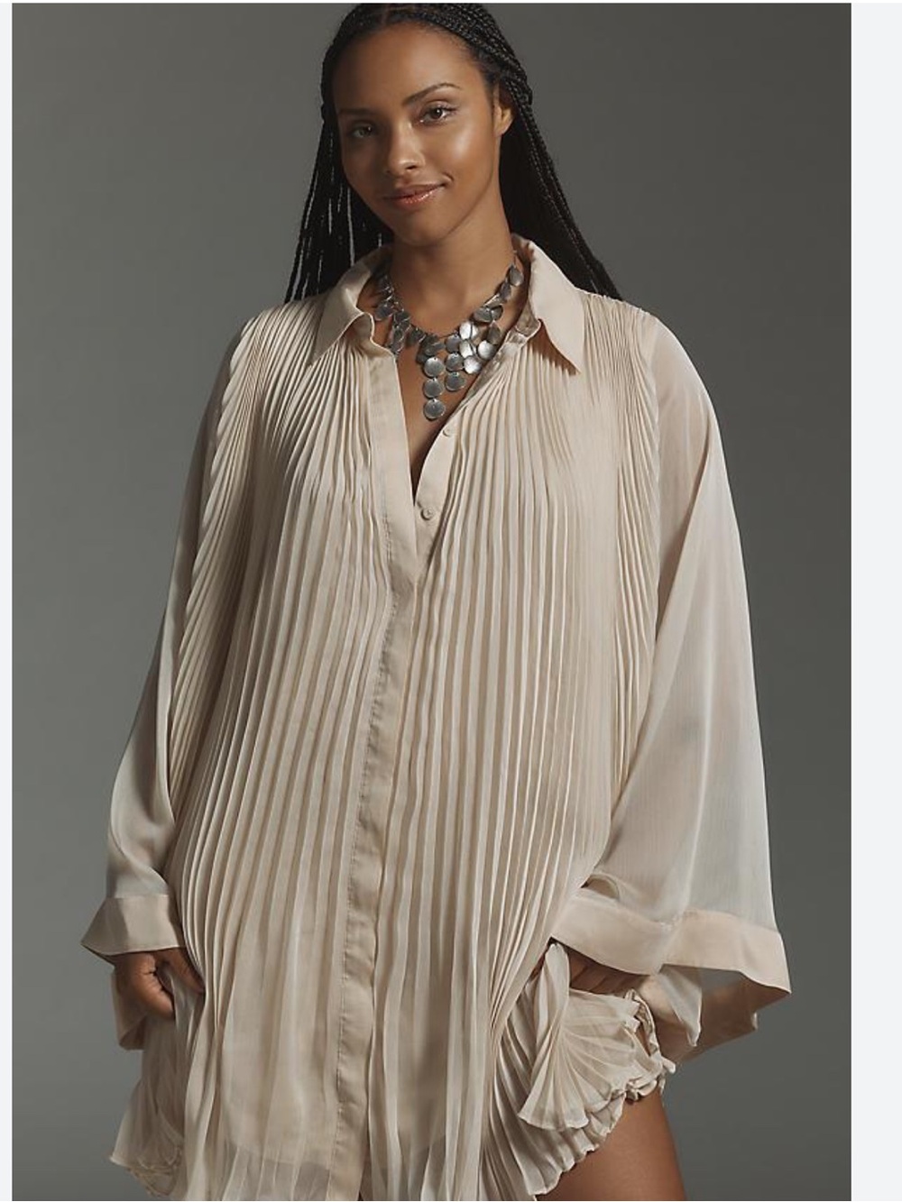 Maeve Long Sleeve Sheer Pale Blush Button-Front Mini Shirt